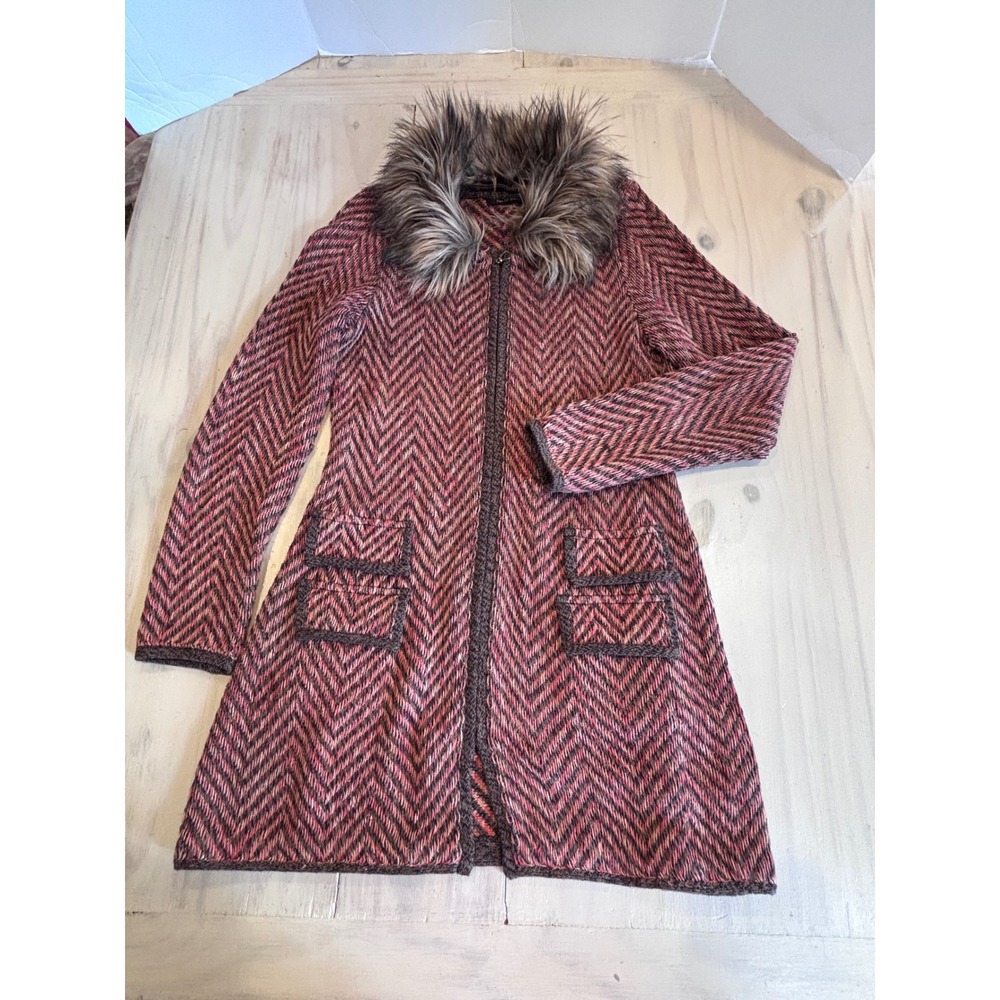 Nic + Zoe Womens Small Herringbone Knit Zip Up Coat Faux Fur Collar Red Brown